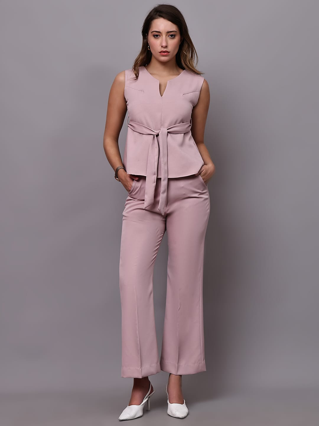 Stylish Office wear Mauve Belted peplum Top & Trouser.