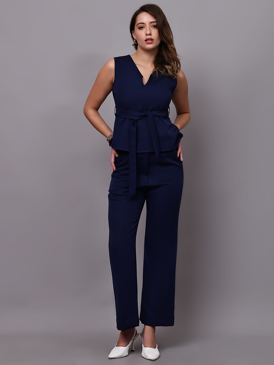 Stylish Office wear Mauve Belted peplum Top & Trouser.