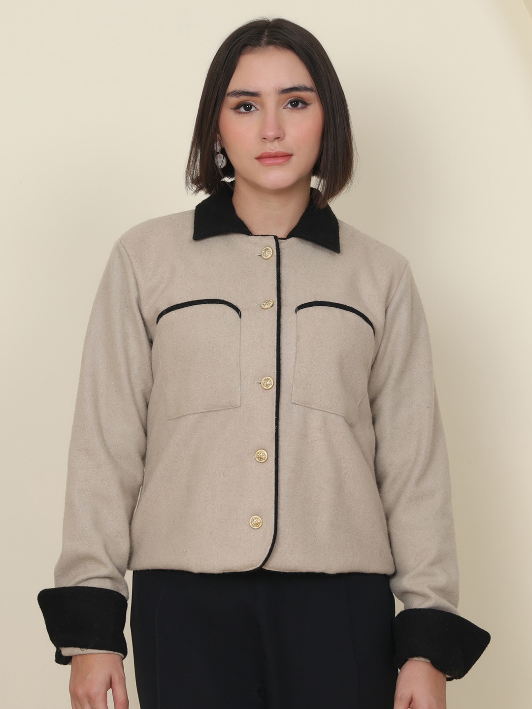 Women Beige Wool Blend Contrast