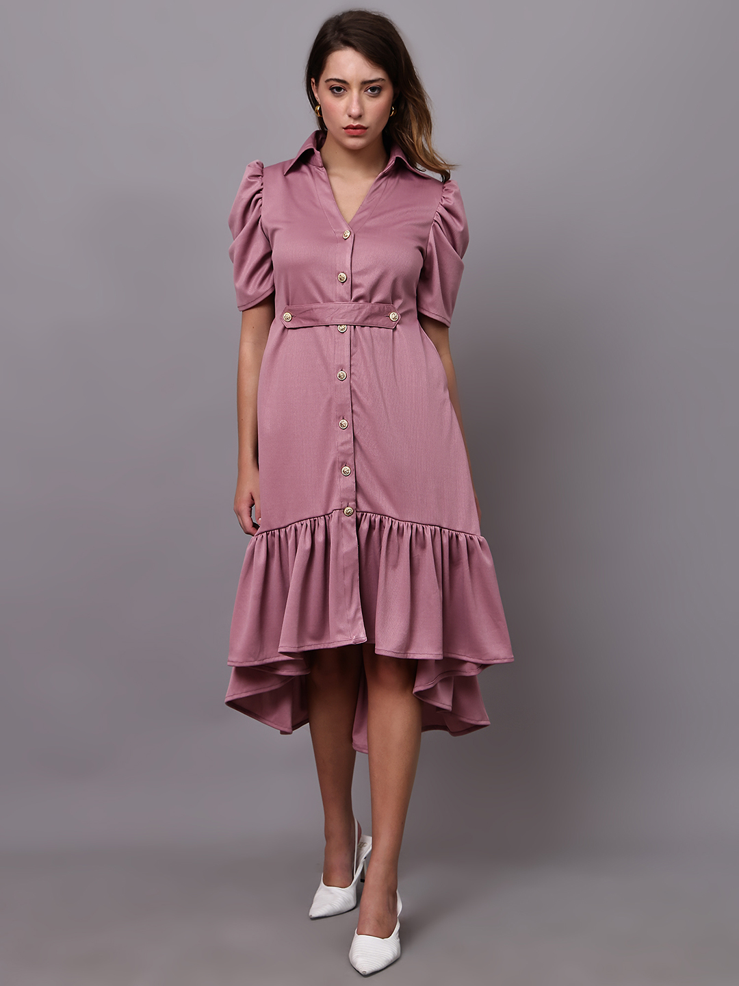 Grace Bloom Puff Sleeve High -Low Dress.